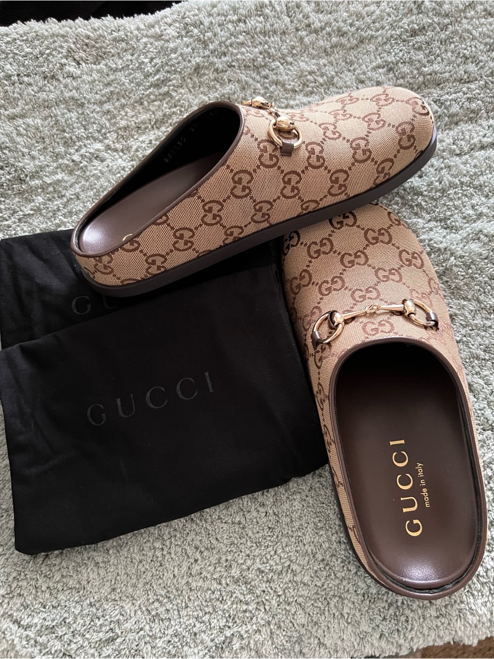 Gucci Beige & Brown GG Canvas Horsebit Mule Slides